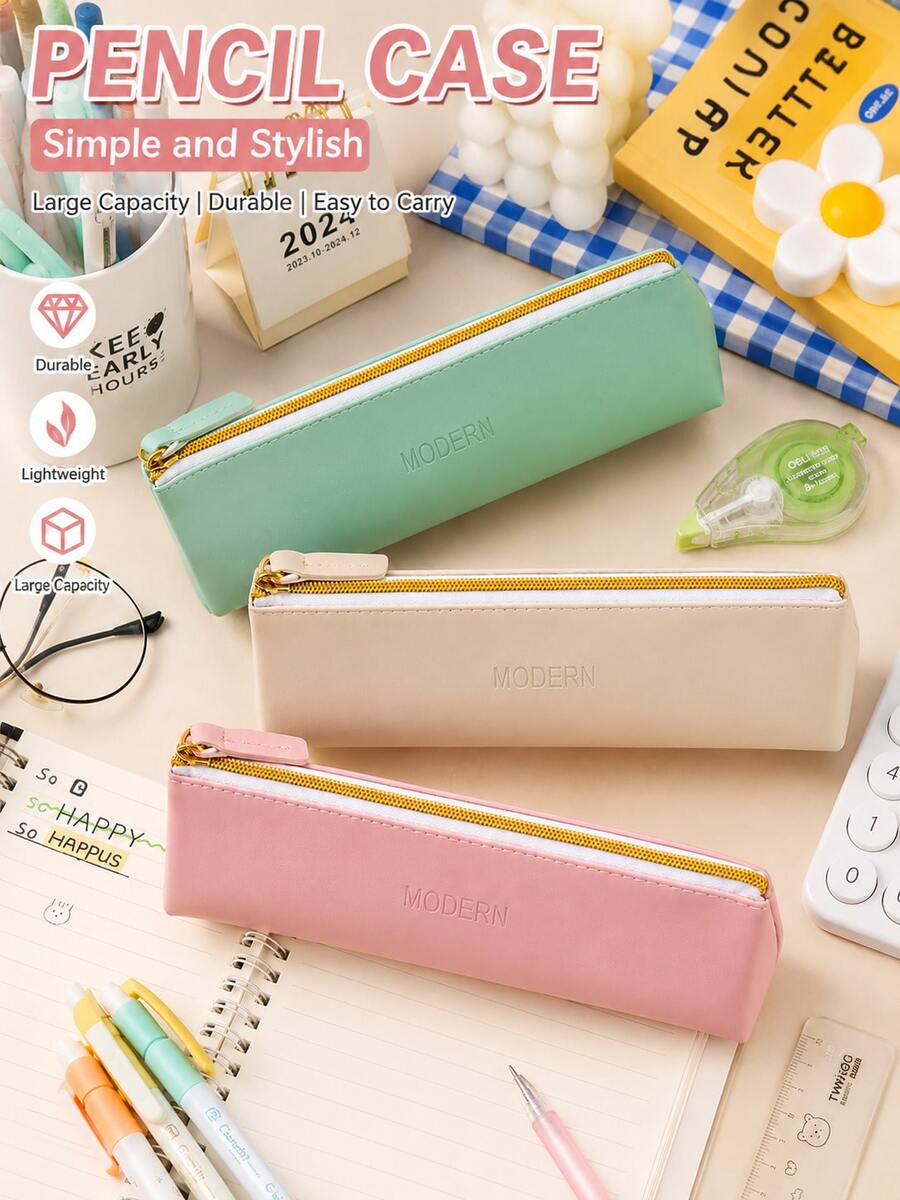 4pcs Minimalist PU Leather Pencil Case Set, Large Capacity Pencil Storage Bag, Multi-Function Stationery Organizer, Suitable For School, Office And Travel Supplies - One Size Fits All - View 1