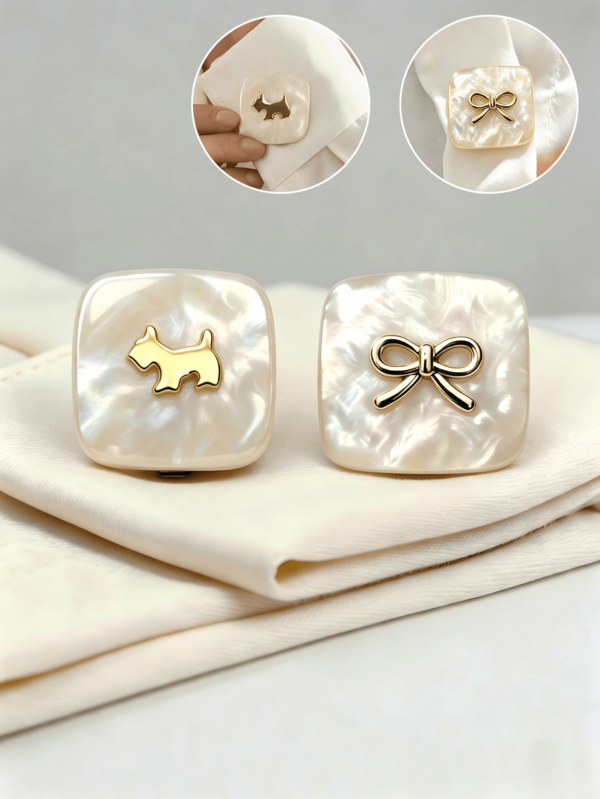 Pearlescent Square Dog Bow Button Covers, Clip On Decor Cuff Buttons, Fashion Clothing Accessories For Shirts, Daily Wear And Wedding Formal Banquet