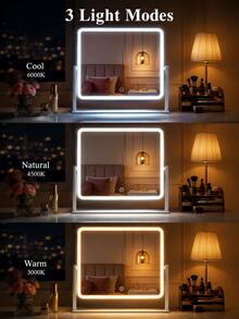 Vanity Mirror With Lights, LED Makeup Mirror, 3 Color Lighting Modes, Dimmable Touch Control, 360° Rotating Tabletop Mirror, HD Full-Face Lighted Mirror For Vanity Desk, Bedroom, Dressing Table, White, 13.6 X 12 In - Multicolor - View 2