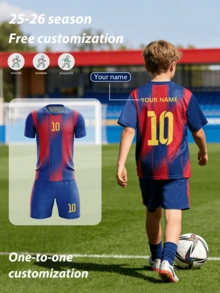 Personalized Boys Football Kit Navy Blue Red No. 10 2-Piece Set, Custom Name/Club Soccer Jersey And Shorts, All-Over Print Sports Player Uniform - Navy Blue - View 3
