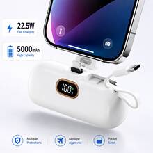 5000mAh Coffee Run Power Bank 22.5W Speedy Charging Power Bank With Built-In Lightning & Type-C Cables LED Digital Display Plug-In Direct Phone Charge Dual Device Support Compact External Battery Pack For IPhone 15 Pro Max 14 13  S24 Ultra  7 Pro Ideal For Coffee Shop Runs Quick Cafe Visits - 1PC - View 1