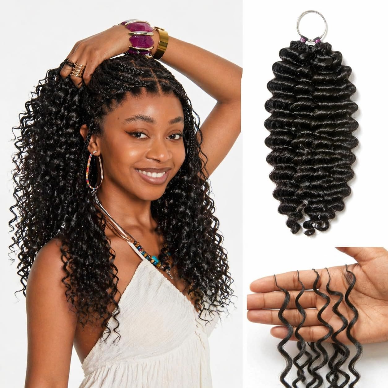 100% Human Hair Feather Crochet Crochet Human Hair Deep Wave Lightweight Knotless Feather Handmade Bundles Full Invisiable Knot With Crochet Human Hair Deep Curly Pre Separated Knotless Ocean Wave Crochet Hair Water Curly Human Hair Luxe Gifts - Natural Black - 查看 1