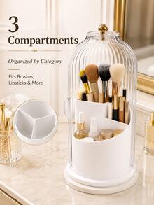 1pc 360° Rotating Makeup Brush & Cosmetics Organizer With Clear Dustproof Lid, 3-Compartment ABS Vanity Storage Caddy, Non-Slip Toothbrush & Toothpaste Holder, Space-Saving Bathroom Countertop Organizer For Home, Dorm & Apartment - View 6