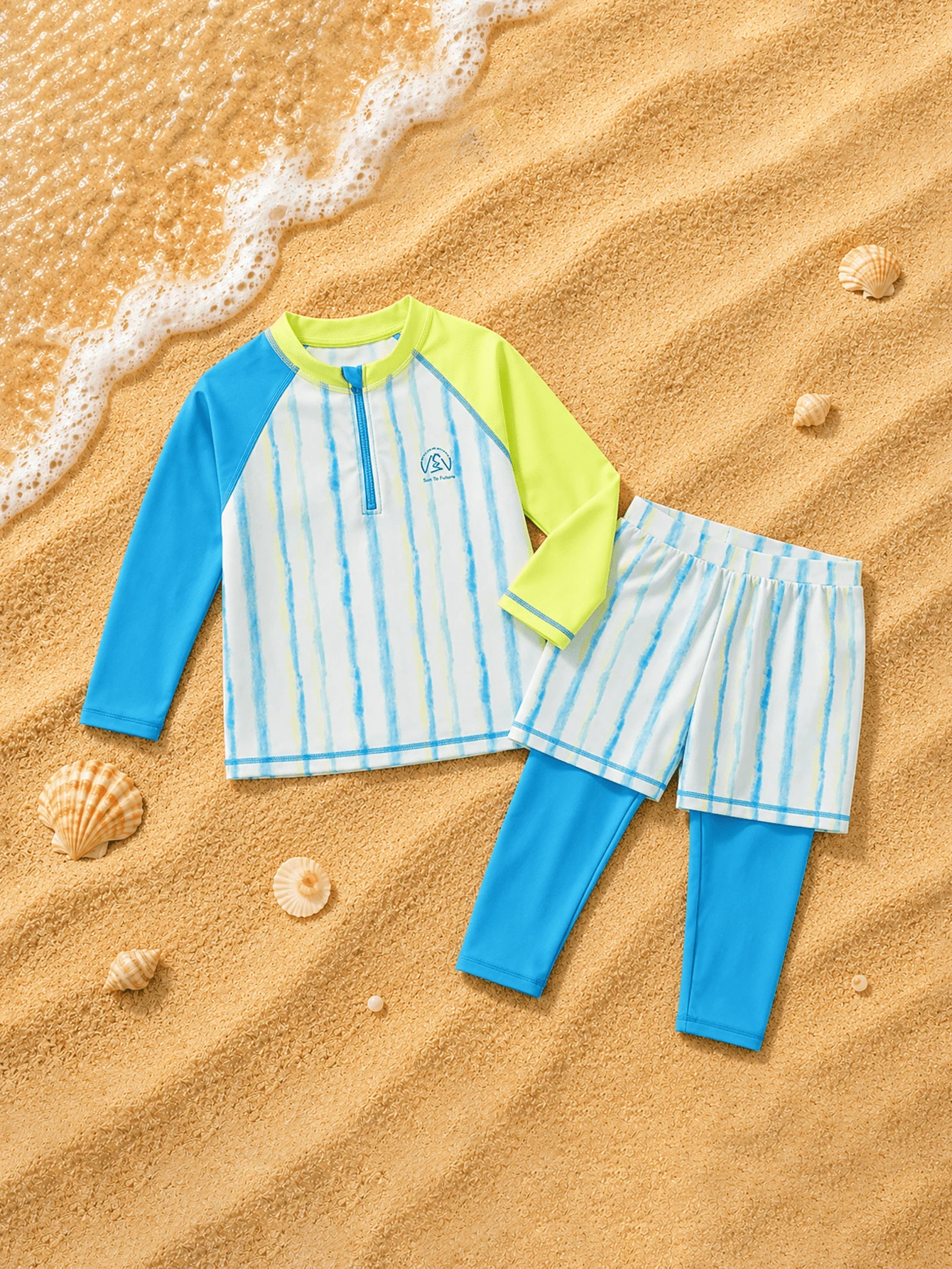 Balabala 2pcs/Set Young Boy Striped Raglan Long Sleeve Rash Guard And Swim Trunks, Chlorine Resistant & UV Protection - Blue Tint - View 1