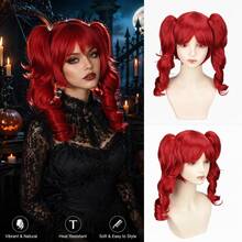 Versatile Women's Wig 12 Inch Red Fashionable Wig - Heat Resistant, Curly Ponytail With Bangs, Breathable Rose Mesh Cap, Suitable For Daily Wear, Party, Cosplay, Ideal Accessory, Graduation Gift And Exquisite Gift For Girls, Halloween - Red - View 3