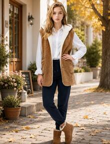 Women's Winter Fleece Vest With Reversible Hood. - Brown - View 1