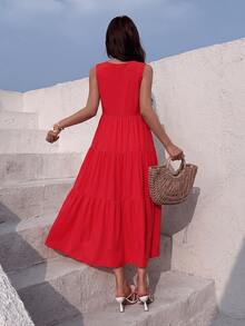 Women's Summer Red Casual Tiered Maxi Dress, V-Neck Sleeveless Fold Loose Fit A-Line Dress,For CoffeeDates,BeachTrips,Travel Summer Dresses For Women - Red Beach Vacation Style - View 3
