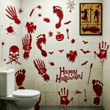 4Sheets37pcs-Halloween Window Stickers Easy To Tear And Stick No Trace Double-Sided Window Stickers-Blood Handprint Footprint, Matching Skull Ghost Pumpkin Head Bat Spider Web Patterns - Sticker - View 6
