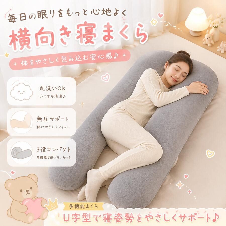 U 字型 特大マタニティ抱き枕 無重力 授乳クッション 腰枕 & 足まくら 背もたれ兼用 うつぶせ枕 快眠グッズ カバー洗える - ブラック - チェックする 1