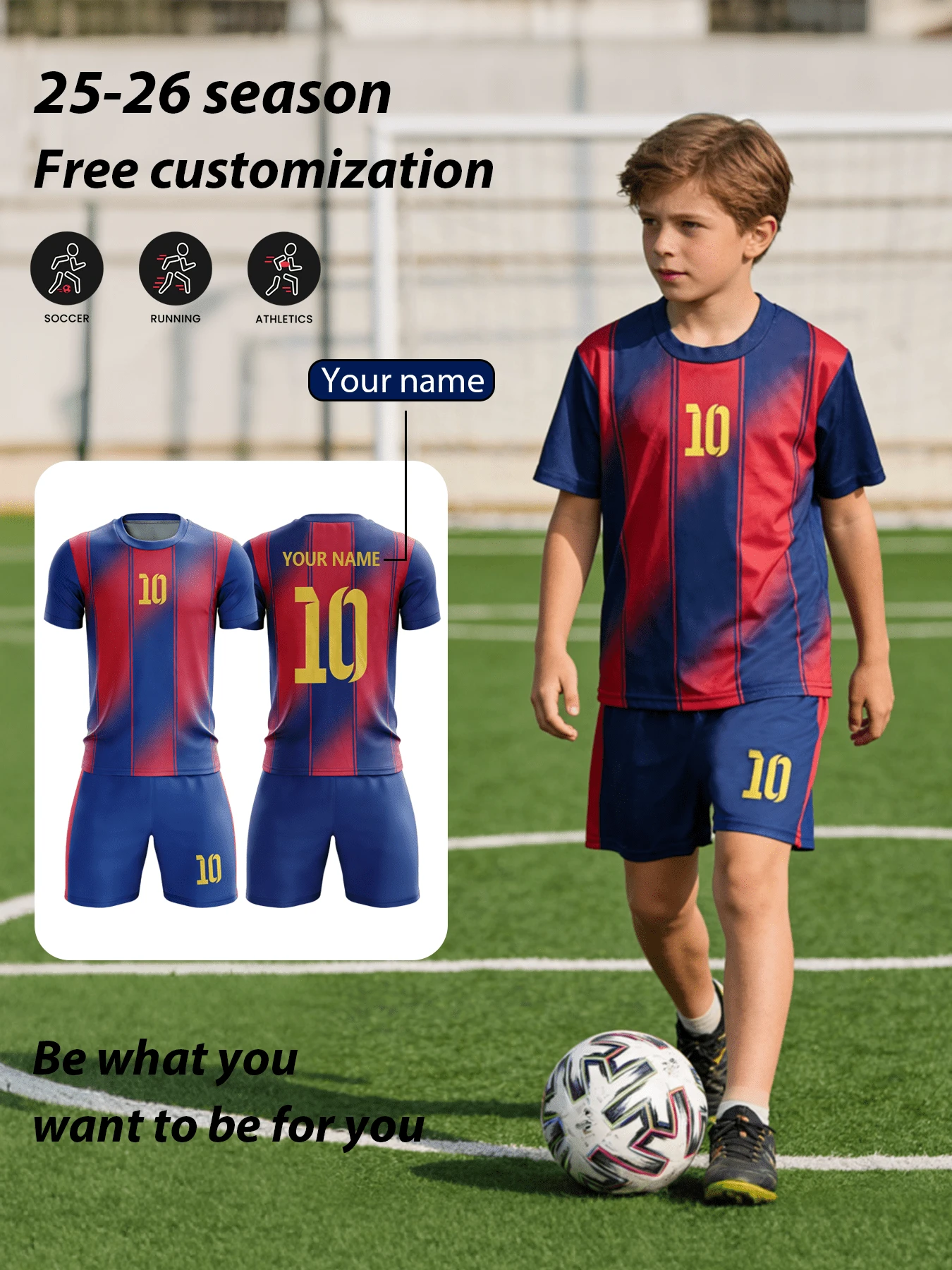 Personalized Boys Football Kit Navy Blue Red No. 10 2-Piece Set, Custom Name/Club Soccer Jersey And Shorts, All-Over Print Sports Player Uniform