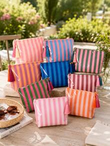 Personalized Striped Makeup Bag With Tassel, Portable Cosmetic Pouch For Travel, Makeup, Toiletries & Daily Beauty Storage, Gift For Girl - Multicolor - View 3