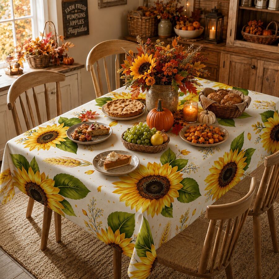 1pc, Home Decor, Sunflower Pattern Printed Tablecloth, Rectangular, Woven, Suitable For Home Kitchen Dining Room, Party Dinner, Picnic Camping, Date, Wedding, Theme Party Decoration, Indoor And Outdoor Use - Multicolor - View 1