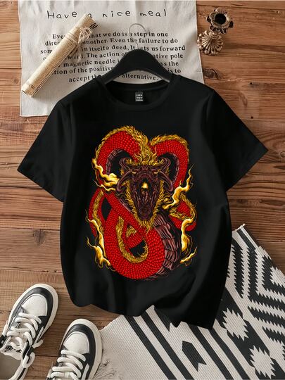 Dark Tattoo Style Infinity Shape Red Golden Chinese Dragon Fire Smoke Oriental Myth Art Graphic Tee Asian Dragon Culture Edgy Grunge Fan Tee.Vintage G