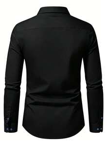 Men's Minimalist Commuter Color Block Striped Print Front Button Long Sleeve Shirt - Black - View 3