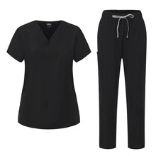 Set Seragam Perawat Scrub Warna Polos Atasan Lengan Pendek dan Celana Matte Elegan dengan Kerah V dan Celana Ikat Pinggang - Hitam - View 11
