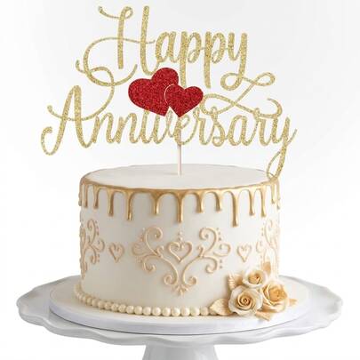 1pc Happy Anniversary Cake Topper - Gold Glitter Happy Birthday Cake Topper, Company Anniversary Party Decoration, Wedding Anniversary Party Cake Decoration