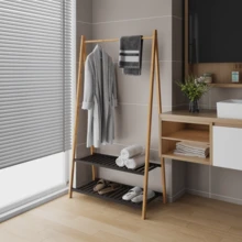 Perchero con 2 estantes, perchero con barra para colgar ropa resistente, armario con zapatero, para pasillo, dormitorio, armario abierto. Perchero de bambú, tendedero con barra para colgar ropa - Color natural - Ver 5