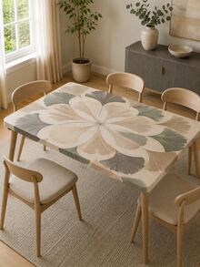 1pc Morandi Ginkgo Leaf Radial Print Fitted Round Tablecloth, Neutral Gray Green Beige Floral Pattern, Elastic Edge Stretch Tablecloth, Suitable For Minimalist Indoor Dining, Coffee Table, Living Room Decor, Cozy Home Style And Daily Casual Dining - Multicolor - View 2