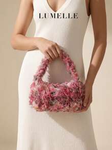 Y2K Style Cute Gradient Pink Plush Flower Shoulder Bag, Women's Fashion Daily Party Vacation Handbag - Hot Pink - View 1