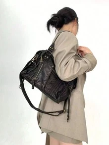 Túi đeo chéo phong cách đường phố thời trang, túi xách nhỏ kiểu punk retro, túi xách nữ dáng xe máy Y2K dung tích lớn. - màu đen - Xem 5