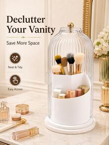 1pc 360° Rotating Makeup Brush & Cosmetics Organizer With Clear Dustproof Lid, 3-Compartment ABS Vanity Storage Caddy, Non-Slip Toothbrush & Toothpaste Holder, Space-Saving Bathroom Countertop Organizer For Home, Dorm & Apartment - View 5