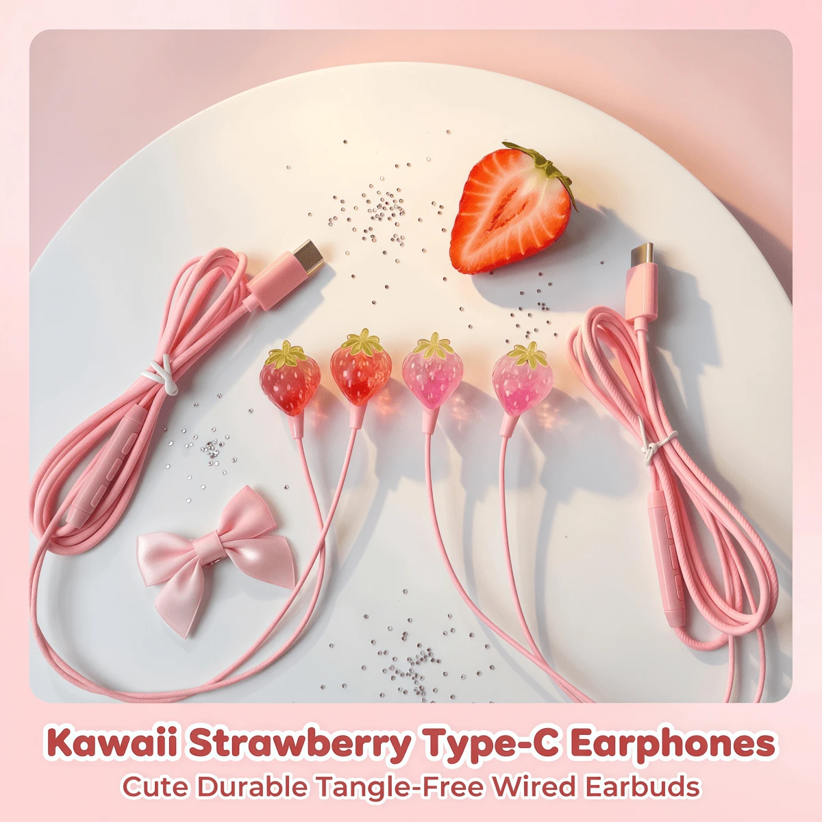1 Headset Berkabel Pink Baru dengan 2 Pilihan Warna, Sepenuhnya Kompatibel dengan Tipe C, Headset Berkabel Kristal Stroberi Perhiasan Lucu DIY In-Ear, Dengan Fungsi Pengaturan Volume, Mikrofon Terintegrasi, Headset Ponsel Panggilan Definisi Tinggi - View 1