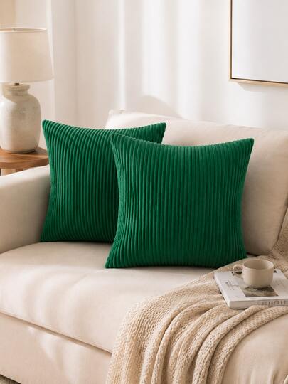 Corduroy Throw Pillow Covers Set Of 2, Soft Decorative Square Cushion Covers, Green Boho Pillow Cases For Couch, Sofa, Bed, Living Room, 16 X 16 Inch