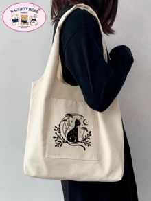 Bolso de lona con estampado de línea de hongo minimalista y elegante - Beis - Ver 4