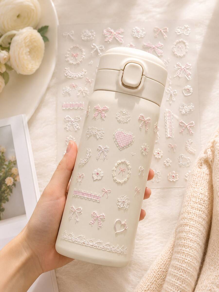 1pc Pink Heart Bow Water Cup Stickers, Suitable For Cameras, Laptops, Tablets, Headphones, DIY Self-Adhesive Stickers - View 1