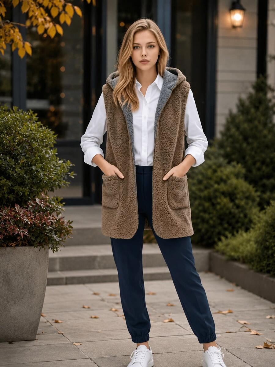 Women's Winter Fleece Vest With Reversible Hood. - Camel - View 1