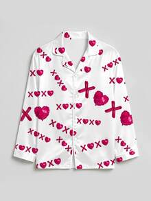2pcs Men's Pajama Set, Satin Silk Heart Print Button Long Sleeve Top And Pants Lounge Wear Set, Autumn/Winter, Perfect Gift - Multicolor - View 4