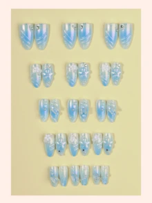 Y2K 花卉壓克力美甲 10片裝 全息中長杏仁形穿戴式假指甲，DIY 藝術藍色漸層 3D 假指甲套組，附蝴蝶與白色珠飾裝飾，適合女性美甲沙龍用品 - 彩色 - 查看 2
