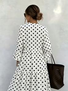 Buzzelle Spring & Summer Elegant Polka Dot Print Cross Neck Ruffle Sleeve Layered Casual Vacation Style Midi Dress White - White - View 2