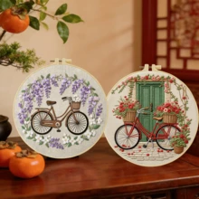 1套手工DIY刺繡套件，20x20cm/7.9x7.9英吋，花卉單車圖案，包含刺繡布料、說明書、刺繡框、針線，適合作為送給朋友或家人的節日禮物，居家與辦公室手工藝術 - A - 查看 13