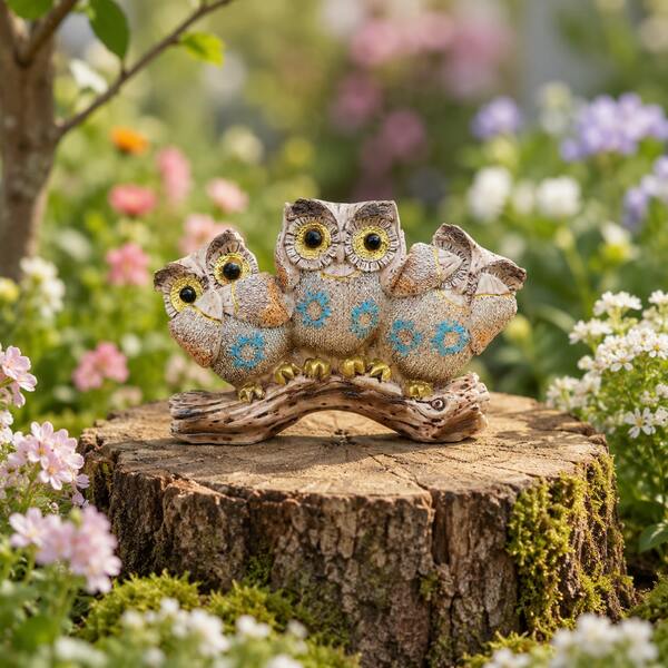 1 pieza Adorno de resina estilo rústico de un búho posado en una rama, una pieza de decoración del hogar con patrones azules y dorados, figurita coleccionable pequeña ideal para balcones, jardines y patios