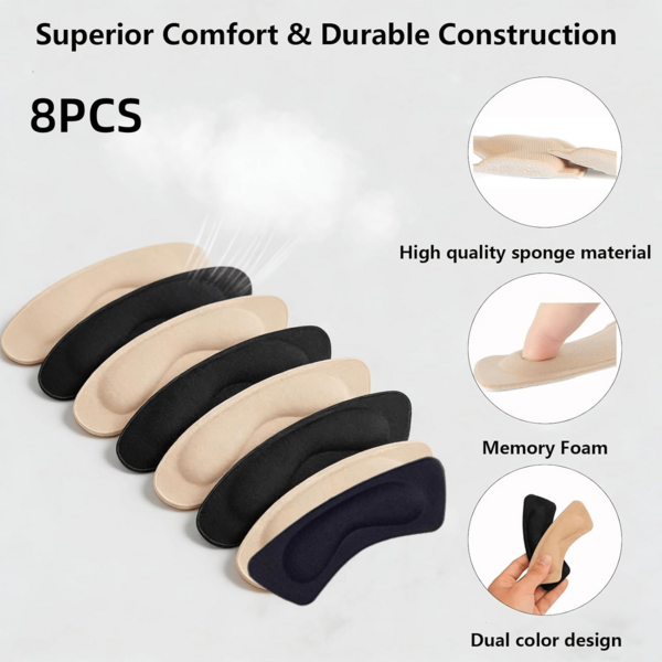 8pcs Dual-Color Memory Foam Heel Cushions, Anti-Blister Heel Pads, Soft Sponge Self-Adhesive Anti-Friction Shoe Protection Pads, Breathable Shock-Absorbing Foot Care Patches (Suitable For Loose Shoes), Daily Walking Adult Foot Comfort Accessories