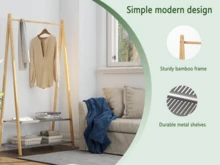 Perchero con 2 estantes, perchero con barra para colgar ropa resistente, armario con zapatero, para pasillo, dormitorio, armario abierto. Perchero de bambú, tendedero con barra para colgar ropa - Color natural - Ver 6