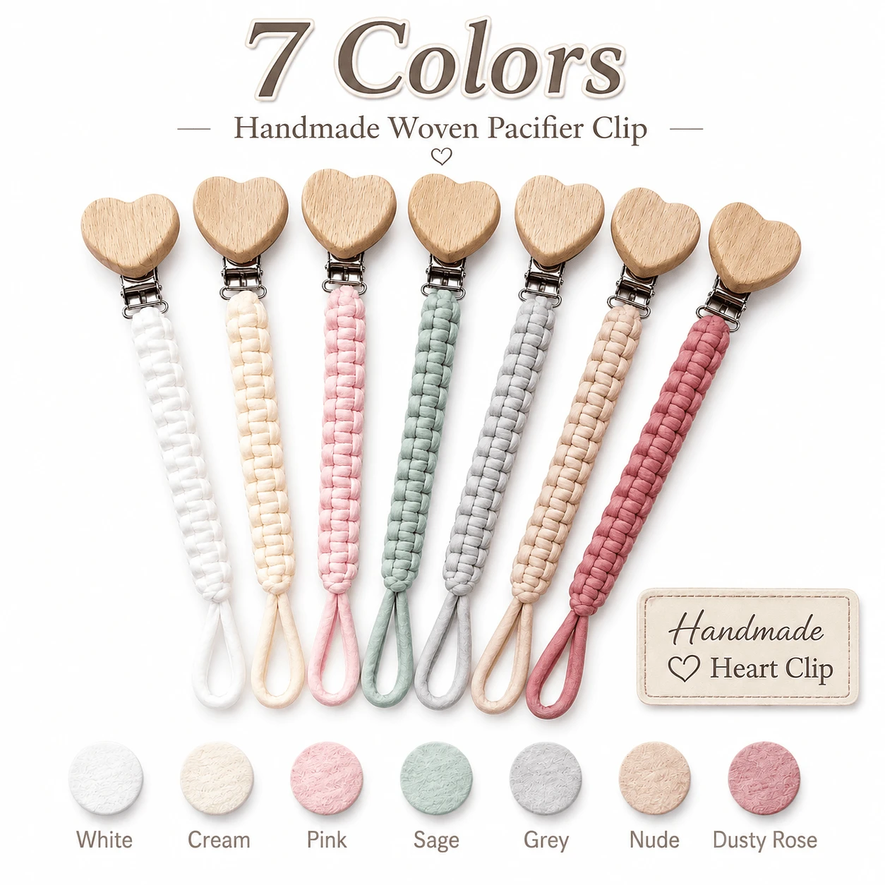 [Estilo de marco de madera con forma de corazón] 1 pieza Cadena de chupete de tela tejida a mano, opciones de varios colores, juguete mordedor de chupete con cordón anti-pérdida - Cadena para chupete con clip de madera en forma de corazón - Ver 1