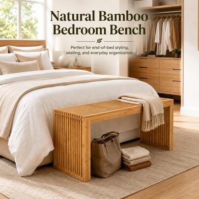 35.43in Bamboo Entryway Shoe Bench, End Of Bed Bench, Farmhouse Long Entry Bench Seat For Living Room, Bedroom, Narrow Closet, Easy Assembly-Home Decor