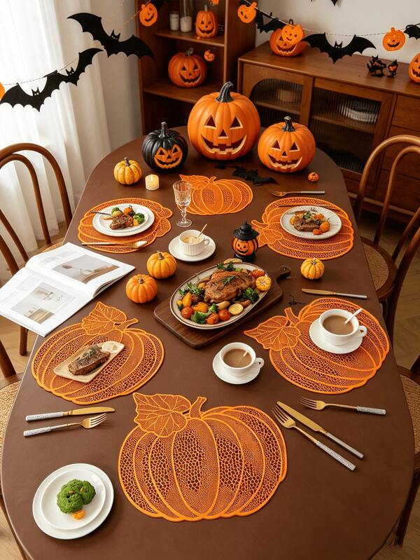 1-4 piezas Manteles individuales con forma de calabaza dorada, estilo de lujo PVC con patrón de onda hueca, resistentes al agua, al aceite y al calor, adecuados para decoración de mesa de Halloween / Acción de Gracias / Otoño