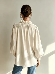 European & American Spring/Autumn Women's New V-Neck Ruffle Puff Long Sleeve Loose Casual Blouse Top - Apricot - View 6