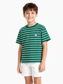 Balabala Tween Boy Short Sleeve T-Shirt, Striped Quick-Dry Fabric, Matching Family, Summer Top - Green Tone - View 3