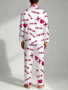 2pcs Men's Pajama Set, Satin Silk Heart Print Button Long Sleeve Top And Pants Lounge Wear Set, Autumn/Winter, Perfect Gift - Multicolor - View 3