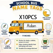 30pcs School Bus Name Label Stickers, Suitable For Classroom, 9 Inch Desk Name Plates, Bus Shaped Peel And Stick Student Name Labels With Writing Lines, Teacher Supplies And Back To School Decor - A - View 9