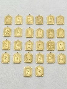 1件裝男士熱銷不鏽鋼方形字母 A-Z 26款字母吊墜項鍊，個性化嘻哈首飾 - 金黃色 - 查看 5