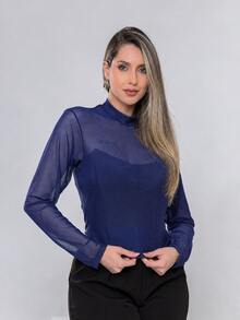 Women's Long-Sleeved Tulle Blouse With Elegant High Neck - Casual And Fashionable, Simple, Transparent, No Holidays, Nightwear, All Seasons - 藏蓝色 - 查看 1
