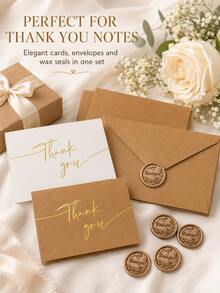 10pcs Thank You Cards Bulk Pack With Kraft Envelopes And Wax Seal Stickers, Minimalist Design, Suitable For Business, Wedding, Baby Shower, Bridal Shower And Graduation - Gold Foil - View 3