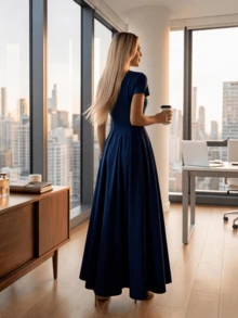 Long Dress With Short Sleeves, Square Neckline, Solid Color, Elegant, Sizes S M L - Navy Blue - View 5