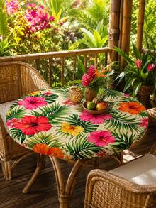 1 Stück Hawaiianischer Hibiskus & Tropisches Palmblatt Blumenmuster Runde Elastische Tischdecke, Creme Beige Insel Hofstil Passgenaue Runde Tischdecke, Geeignet für Terrasse Nachmittagstee, Garten Esszimmer, Wintergarten & Sommerurlaub Thema Dekoration, Küchenbedarf, Tischdecke für Esszimmer, Heimdekoration - Verschiedenfarbig - Übersicht 5