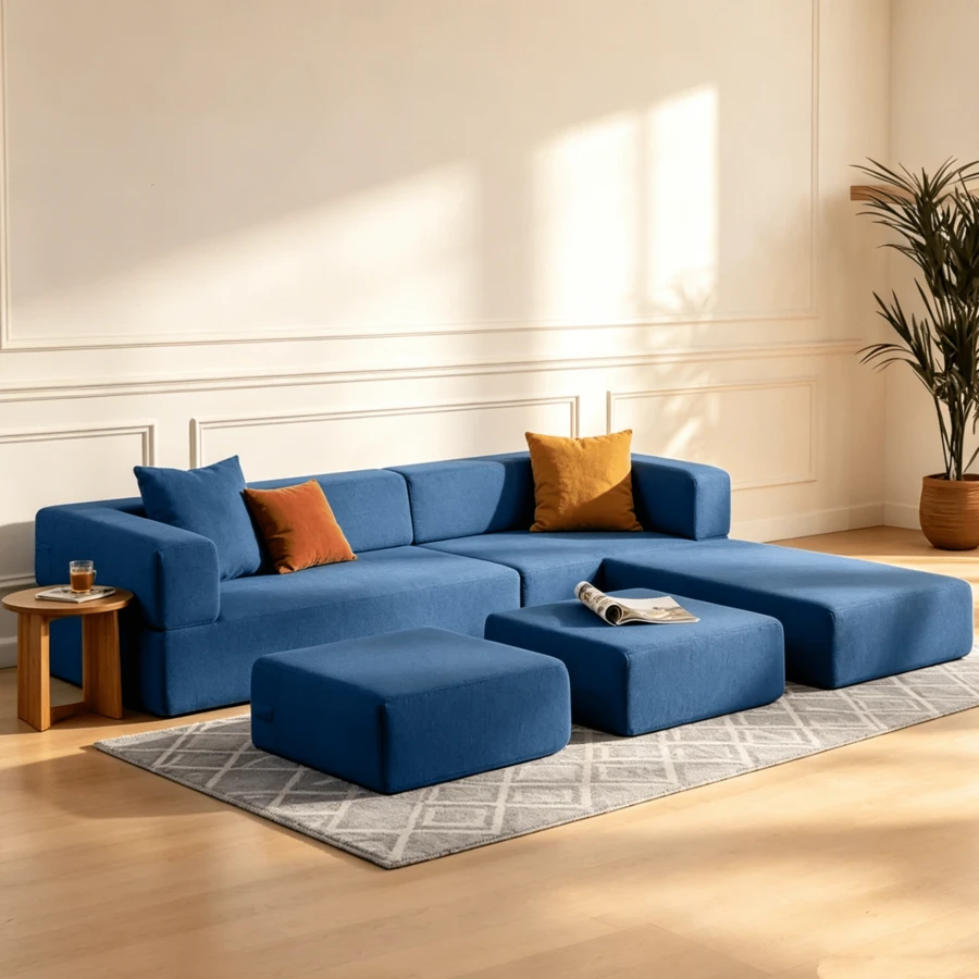 Modern Upholstered 4-Piece Modular Sofa Set For Living Room - Blue - View 1